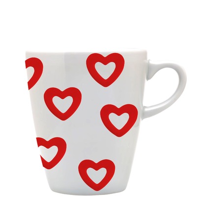 White cup white red hearts isolated on whiteの写真素材
