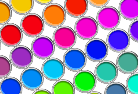 Paint cans color palette, cans opened top view isolated on whiteの写真素材