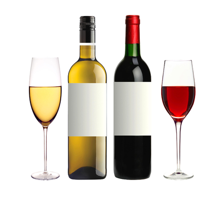 bottles of red and white and glasses wine isolated on white backgroundの写真素材