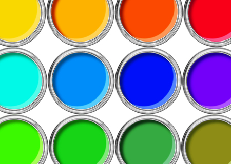 Paint cans color palette, cans opened top view isolated on whiteの写真素材