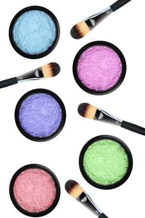 set of 5 eyeshadows and brushes isolated on white backgroundの写真素材