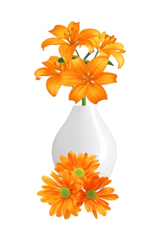 Beautiful orange lily flowers in vase isolated on white backgroundの写真素材