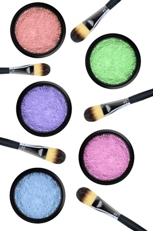 set of 5 eyeshadows and brushes isolated on white backgroundの写真素材
