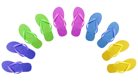 colorful beach shoes isolated on white backgroundの写真素材
