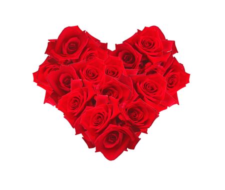 Valentines Day heart made of red roses isolated on whiteの写真素材