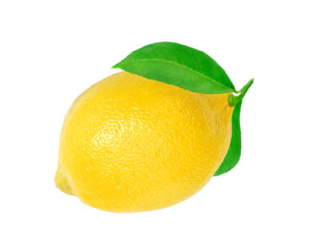 yellow fresh whole lemon fruitwith green leaf isolated on the white backgroundの写真素材