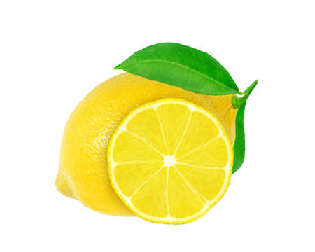 yellow fresh whole lemon fruitwith green leaf isolated on the white backgroundの写真素材