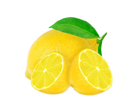 yellow fresh whole lemon fruit and half with green leaf isolated on the white backgroundの写真素材