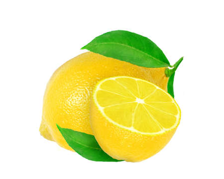 yellow fresh whole and half lemon fruit with green leaf isolated on the white backgroundの写真素材