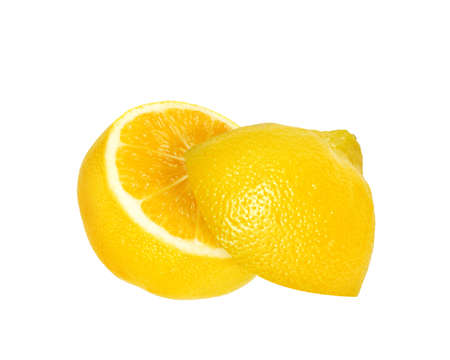 yellow fresh two half lemon fruit for design packaging isolated on the white backgroundの写真素材
