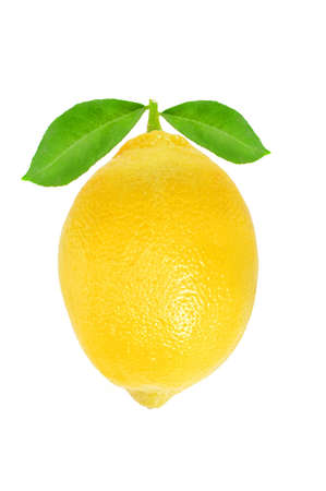 yellow fresh whole lemon fruit with green leaves isolated on the white backgroundの写真素材