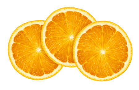 Three slices of sweet juicy orange fruit isolated on white backgroundの写真素材