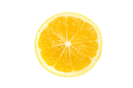 yellow fresh lemon fruit slice isolated on the white backgroundの写真素材