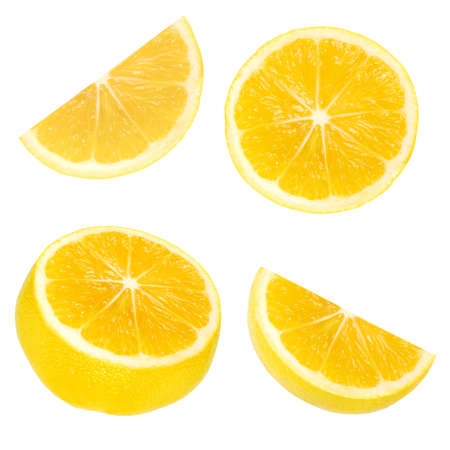 Set of yellow fresh lemon fruit slices isolated on the white backgroundの写真素材