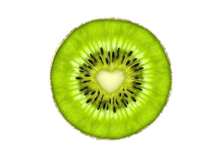 Beautiful slice of fresh juicy kiwi fruit with heart symbol isolated on white backgroundの写真素材