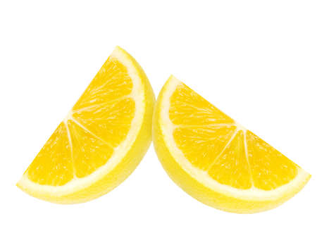 Two yellow fresh lemon fruit slice isolated on the white backgroundの写真素材