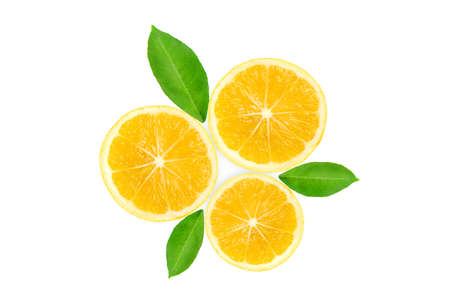 yellow fresh lemon fruit slice with green leaves isolated on the white backgroundの写真素材