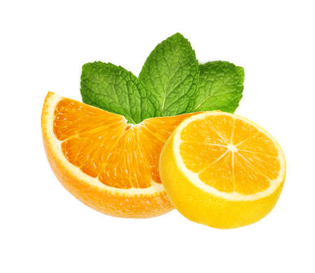 Slice of sweet juicy orange and lemon fruit with mint leaves for design isolated on white backgroundの写真素材
