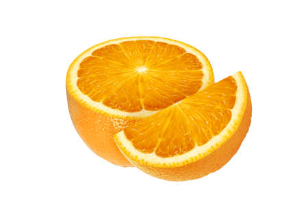 Half and slice of sweet juicy orange fruit isolated on white backgroundの写真素材