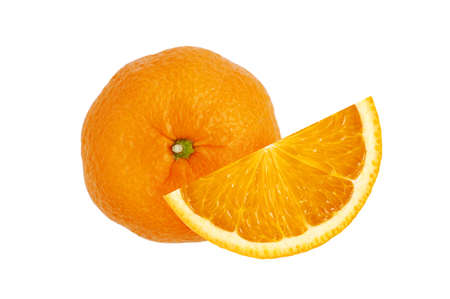 sweet juicy orange whole fruit top view and slice isolated on white backgroundの写真素材