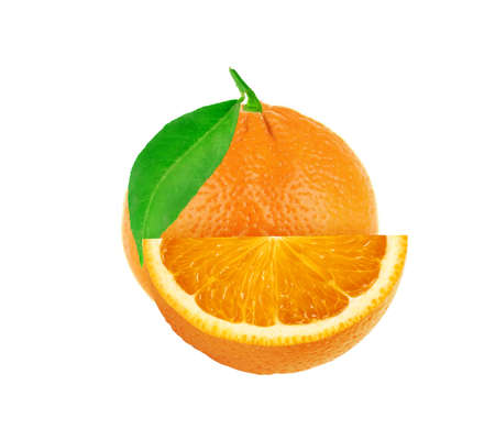 Whole and slice of sweet juicy orange fruit with green leaf isolated on white backgroundの写真素材