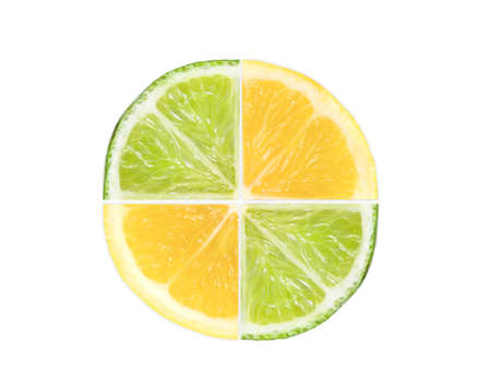 fresh juicy lemon and lime fruit slices isolated on the white backgroundの写真素材