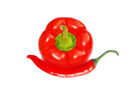 Red sweet paprika and hot chilly pepper isolated on white for design packagingの写真素材