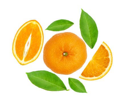 sweet juicy orange whole fruit and slice top view with green leaf isolated on white background for designの写真素材