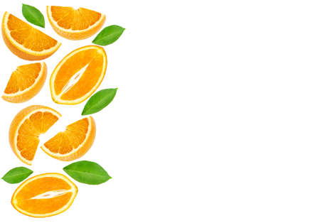 sweet juicy orange slices fruit with leaves top view isolated on white backgroundの写真素材