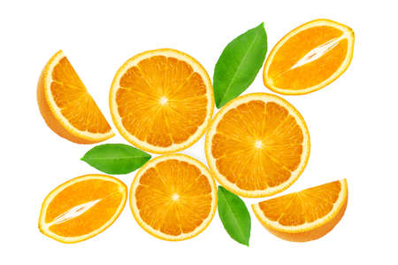 Three orange fresh fruit slices with green leaves isolated on the white backgroundの写真素材