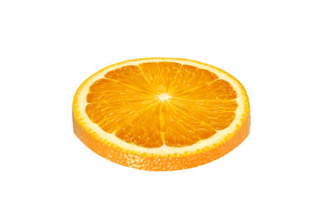 sweet juicy orange slice fruit top view isolated on white backgroundの写真素材