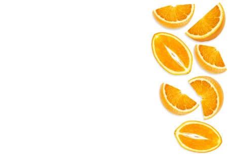 sweet juicy orange slices fruit top view isolated on white background for design food banner or posterの写真素材