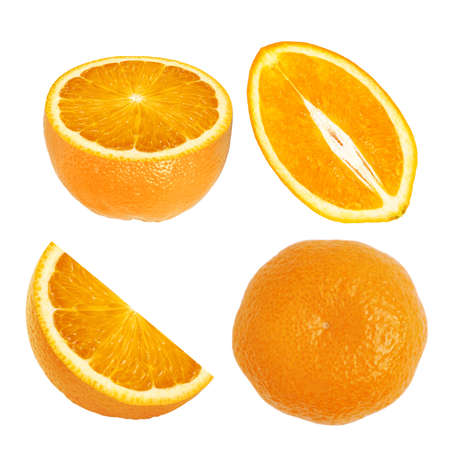Set of sweet juicy orange fruit whole, half and slice for design isolated on white backgroundの写真素材