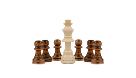 the chess piece of the white king is surrounded by black pawns on white background