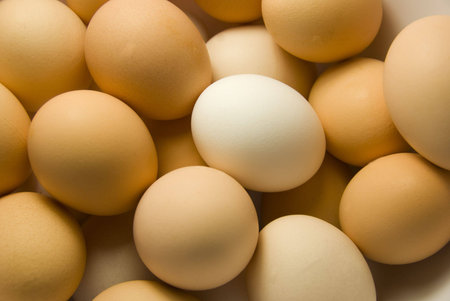 many brown and white eggs together in a bowl