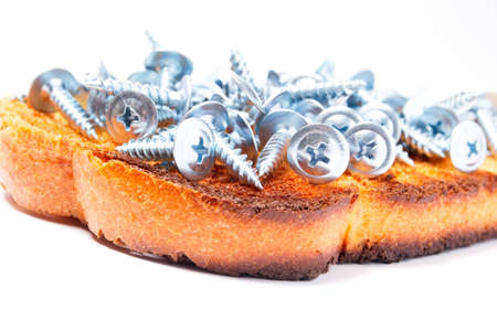 comic sandwich with screws, isolated on white backgroundの写真素材