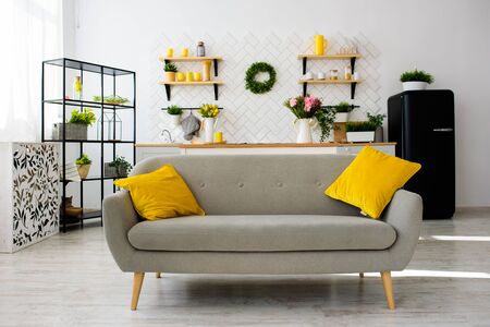 Spacious modern scandinavian loft kitchen with white tiles. bright room. modern interior.の写真素材