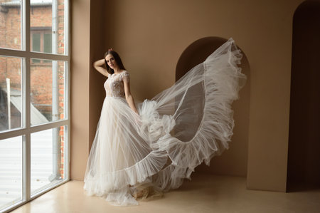 Portrait of a young beautiful woman in an elegant dress. Close-up shot.の写真素材