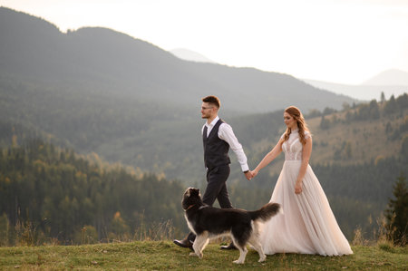 wedding couple with dog walking in mountains at sunset. romantic evening in the mountains.の写真素材