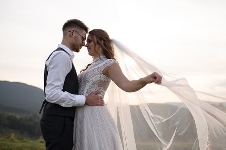 wedding couple with dog walking in mountains at sunset. romantic evening in the mountains.の写真素材