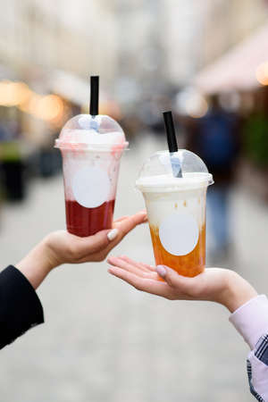 Butterfly pea milk bubble tea with tapioca pearls. Place for a logoの写真素材