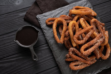 Homemade churros with chocolate on a dark wooden rustic background.の写真素材
