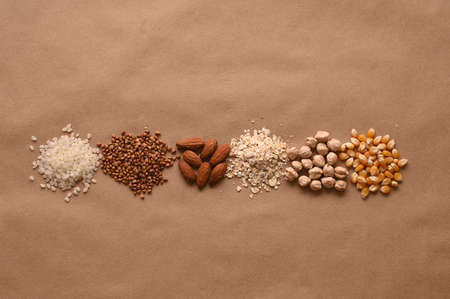 Gluten free text and various gluten free products. Flat lay, top.の写真素材