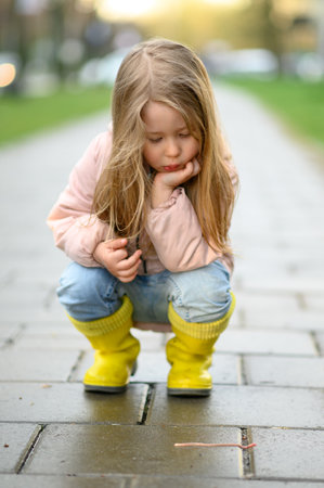 A little girl 3 years old walks in yellow rubber boots, after the rain and watches the earthworm.の写真素材