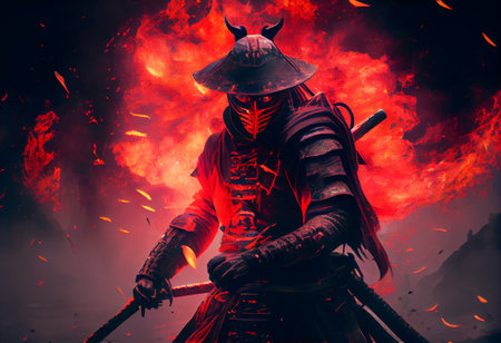 A samurai in a demonic red mask on the battlefield makes a swing with a katana creating a sizzling fire ring aroundの素材