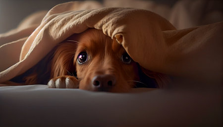 A very cute dog crawled under the covers and touchingly misses his ownerの素材