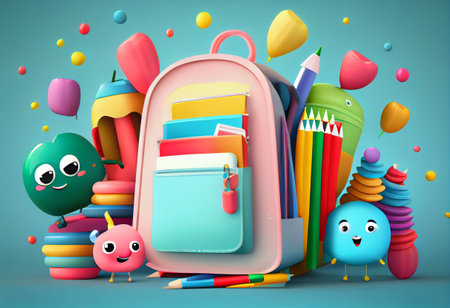 Back to school banner design with colorful funny school characters.の素材