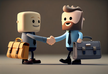 business handshake. Cute cartoon smiling man with laptop and bearded businessman with briefcase standing and shaking hands.の素材