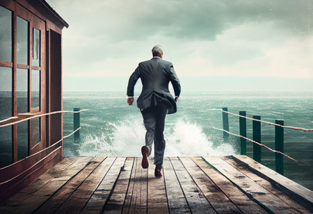 Businessman running on the docks close to the seaの素材