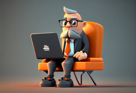 Cartoon character businessman sitting in a chair with laptop. 3d illustration.の素材